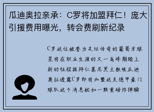 瓜迪奥拉亲承：C罗将加盟拜仁！庞大引援费用曝光，转会费刷新纪录